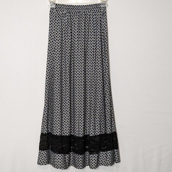 ROBERT LOUIS, Black w Blue Print, Jersey Maxi Pull-On Skirt w Black Lace; Size S - Picture 1 of 6